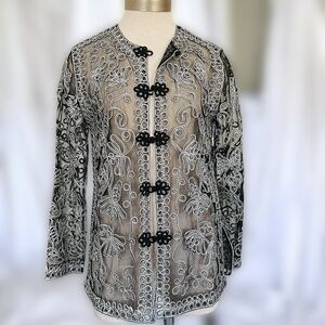 Jeannie Sz Small Black White Embroidered Mesh Sheer Button Front Cardigan Fancy